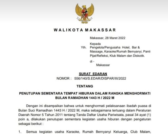 Surat Edaran Wali Kota Makassar Tempat Hiburan Malam Ditutup Sementara