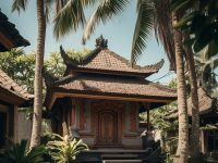 Ilustrasi gedung gedung dengan pohon kelapa di Bali