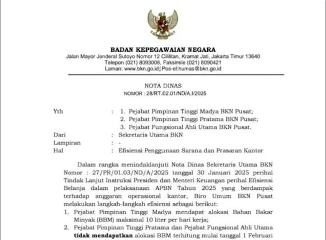 Surat Efisiensi Pengunaan Anggaran BKN untuk ASN