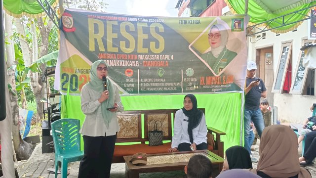 Anggota DPRD Makassar, Hj Umiyati melanjutkan reses kedua masa sidang kedua tahun sidang 2024/2025 di Jalan Racing Sinrijala, Kelurahan Karampuang, Kecamatan Panakkukang, Rabu (12/3/2025).