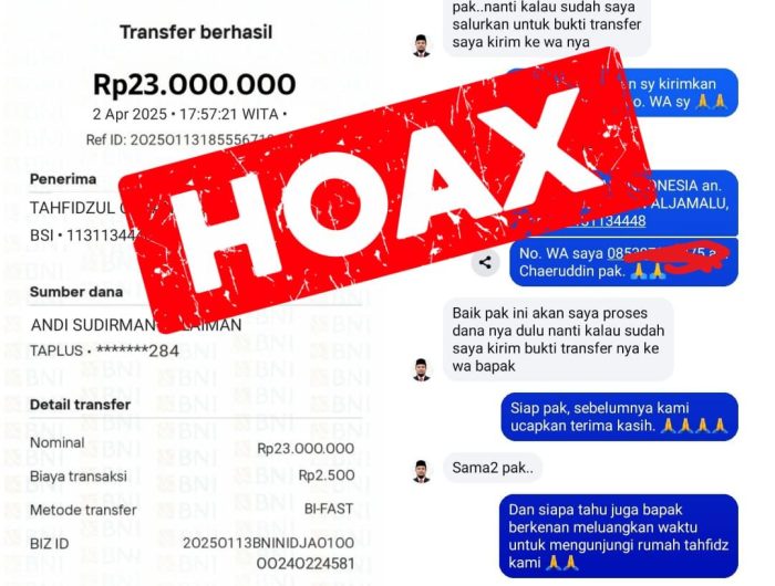 nformasi tersebut mencantumkan bukti tangkapan layar atau screenshot dari akun Facebook bernama “Andii Sudirman” yang menunjukkan transaksi transfer uang sebesar Rp 23 juta.