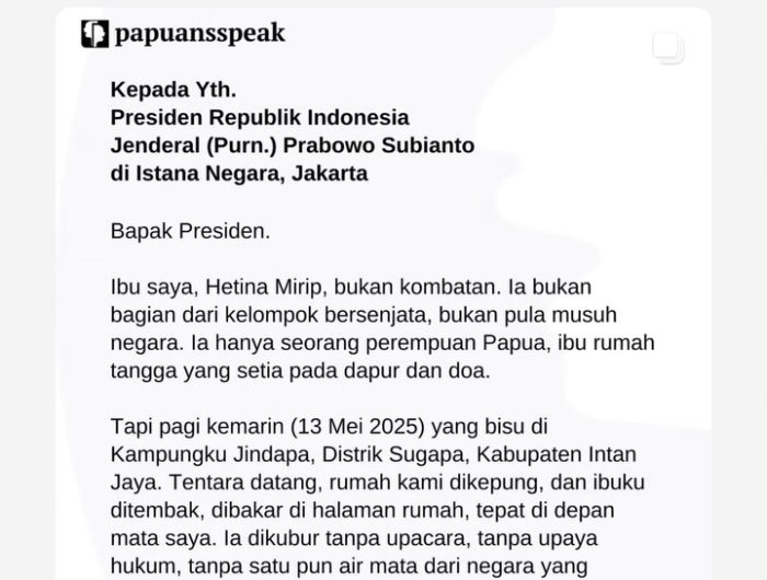 Hetina Murip, seorang ibu rumah tangga dari Kampung Jaindapa, Distrik Sugapa, Papua, menjadi korban terbaru dalam rentetan konflik bersenjata yang tak kunjung reda. Ia diduga tewas tertembak dalam operasi militer yang digelar oleh Satgas Habema pada Rabu, 14 Mei 2025. Peristiwa ini memicu sorotan tajam dari Komnas HAM Papua dan menggugah kesaksian memilukan dari keluarga korban.