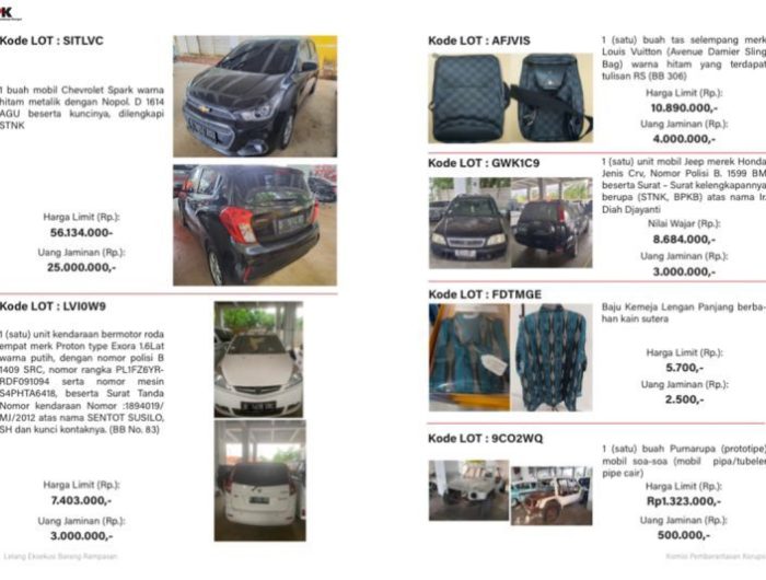 Komisi Pemberantasan Korupsi (KPK) kembali menggelar lelang terhadap barang sitaan dari hasil penanganan perkara korupsi. Lelang yang dimulai Rabu (11/6) ini dilaksanakan secara daring melalui situs resmi Direktorat Jenderal Kekayaan Negara, [lelang.go.id](https://www.lelang.go.id).