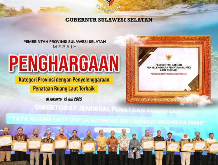 Kementerian Kelautan dan Perikanan (KKP) RI menganugerahkan penghargaan kepada Pemprov Sulsel atas keberhasilannya sebagai pemerintah provinsi dalam penyelenggaraan penataan ruang laut terbaik.