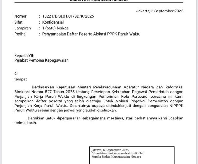 Pemerintah Kota Parepare melalui Badan Kepegawaian dan Pengembangan Sumber Daya Manusia (BKPSDM) menerima surat pemberitahuan dari Badan Kepegawaian Negara (BKN) terkait daftar alokasi Pegawai Pemerintah dengan Perjanjian Kerja (PPPK) Paruh Waktu untuk tahun 2025. Jumlah alokasi PPPK-nya sebanyak 1020 orang.