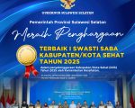 Pemerintah Provinsi Sulawesi Selatan (Sulsel) berhasil meraih penghargaan sebagai Terbaik 1 Swasti Saba Kabupaten/Kota Sehat 2025 dalam penyelenggaraan Kabupaten/Kota Sehat (KKS) yang diselenggarakan oleh Kementerian Kesehatan Republik Indonesia, Jumat (28/11/2025).