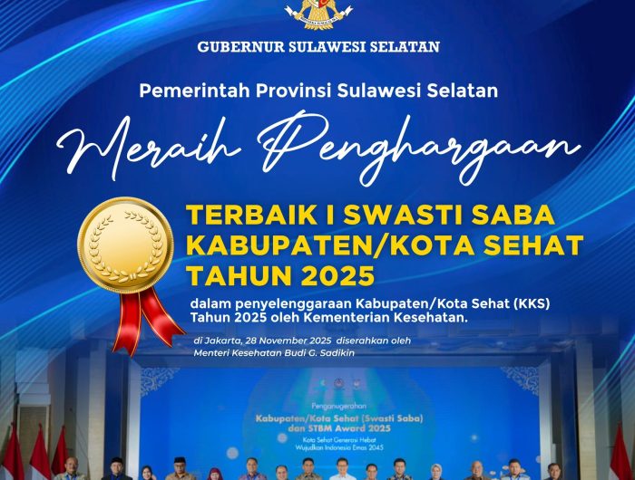 Pemerintah Provinsi Sulawesi Selatan (Sulsel) berhasil meraih penghargaan sebagai Terbaik 1 Swasti Saba Kabupaten/Kota Sehat 2025 dalam penyelenggaraan Kabupaten/Kota Sehat (KKS) yang diselenggarakan oleh Kementerian Kesehatan Republik Indonesia, Jumat (28/11/2025).