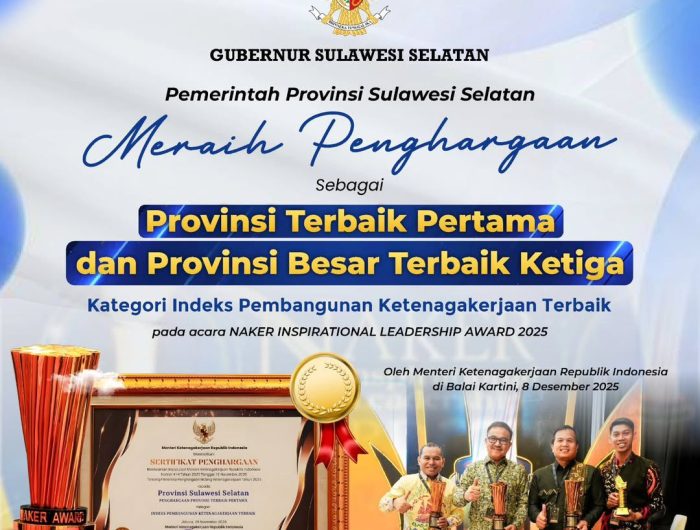 Pemerintah Provinsi Sulawesi Selatan (Pemprov Sulsel) kembali meraih prestasi nasional dengan mendapatkan dua penghargaan sekaligus pada ajang Naker Inspirational Leadership Award 2025.
