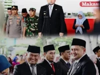 Camat Mamajang, Andi Irdan Pandita, S.STP., M.Si, bersama Sekretaris Camat Mamajang, Andi Muhammad Adri, SH, menerima penghargaan Satya Lencana Karya Satya pada acara penganugerahan yang digelar Pemerintah Kota (Pemkot) Makassar di Tribun Lapangan Karebosi, Jumat (19/12/2025).