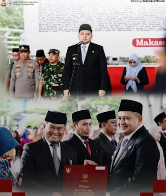 Camat Mamajang, Andi Irdan Pandita, S.STP., M.Si, bersama Sekretaris Camat Mamajang, Andi Muhammad Adri, SH, menerima penghargaan Satya Lencana Karya Satya pada acara penganugerahan yang digelar Pemerintah Kota (Pemkot) Makassar di Tribun Lapangan Karebosi, Jumat (19/12/2025).