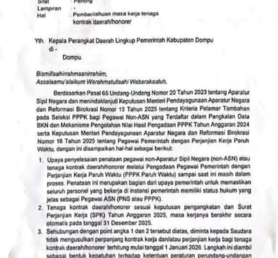 Pemerintah Kabupaten Dompu memastikan masa kerja tenaga kontrak daerah atau honorer berakhir pada 31 Desember 2025 dan tidak dapat diperpanjang mulai 1 Januari 2026. Kebijakan ini tertuang dalam surat resmi Bupati Dompu Nomor 800.18.1/1038/BKDPSDM/2025 yang ditujukan kepada seluruh kepala perangkat daerah lingkup Pemkab Dompu.