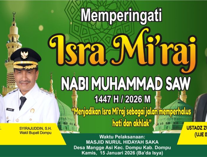 Pengurus Masjid Nurul Hidayah Saka, Desa Manggeasi, Kecamatan Dompu, Kabupaten Dompu, menggelar peringatan Isra Mi’raj Nabi Muhammad SAW 1447 Hijriah/2026 Masehi pada Kamis, 15 Januari 2026. Kegiatan ini berlangsung khidmat di Masjid Nurul Hidayah Saka dan diikuti oleh jamaah dari berbagai kalangan.