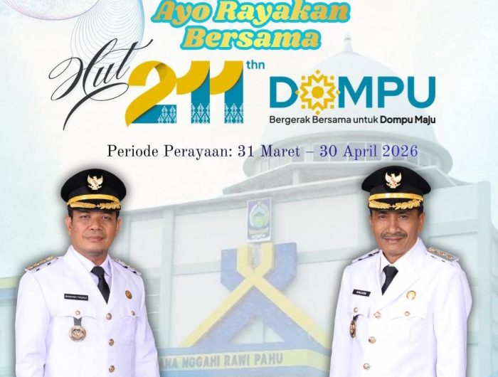 HUT ke-211 Dompu Dirangkaikan Beragam Agenda Budaya hingga Pelayanan Publik 13 Pemerintah Kabupaten Dompu memperingati Hari Ulang Tahun (HUT) ke-211 dengan mengusung tema “Bergerak Bersama untuk Dompu Maju”. Perayaan tahun ini dirangkaikan dengan sejumlah kegiatan yang mencakup aspek budaya, literasi, pariwisata, lingkungan, hingga pelayanan publik.