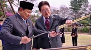 Presiden RI Prabowo Subianto menyerahkan cenderamata berupa keris berwarna emas kepada Presiden Korea Selatan Lee Jae Myung dalam kunjungan kenegaraan di Cheong Wa Dae, Rabu (1 April 2026).