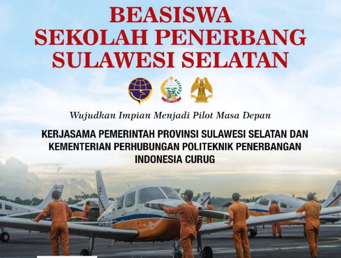 Pemprov Sulsel Buka Beasiswa Pilot 2026, Gubernur Andi Sudirman Ajak Generasi Muda Raih Cita-cita di Dunia Penerbangan 13 Pemerintah Provinsi Sulawesi Selatan kembali menghadirkan program pengembangan sumber daya manusia bagi generasi muda melalui Program Beasiswa Penerbangan untuk calon pilot bekerja sama dengan Kementerian Perhubungan RI melalui Politeknik Penerbangan Indonesia Curug (PPIC) Tahun Akademik 2026-2027.