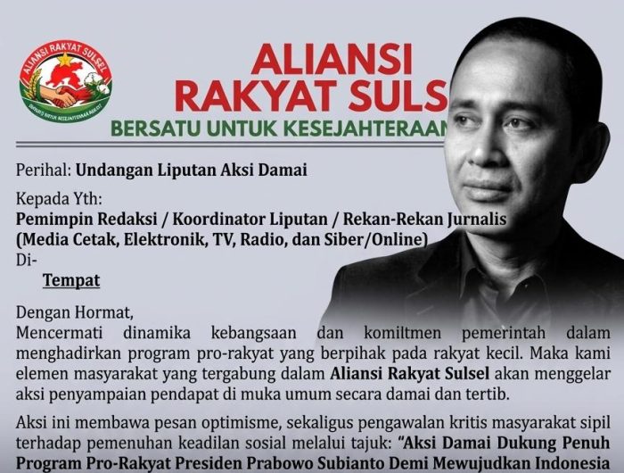 Aliansi Rakyat Sulsel, Tegaskan Dukungan terhadap Program Kerakyatan Presiden Prabowo 13 Dukungan terhadap program-program kerakyatan Presiden Prabowo Subianto terus mengalir dari berbagai elemen masyarakat. Kali ini, Aliansi Rakyat Sulsel akan menggelar aksi damai yang melibatkan sekitar 15 ribu massa aksi pada Rabu (24/6/2026) di kawasan Fly Over dan Kantor sementara DPRD Sulawesi Selatan.