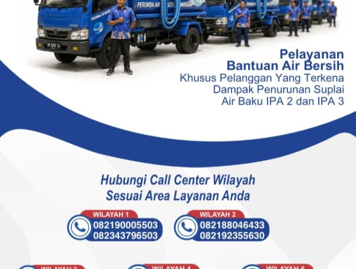 Perumda Air Minum Kota Makassar menyiapkan layanan distribusi air bersih menggunakan mobil tangki secara gratis bagi pelanggan yang terdampak penurunan suplai air baku dari Instalasi Pengolahan Air (IPA) 2 dan IPA 3.