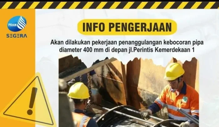 Perusahaan Daerah Air Minum (PDAM) Kota Makassar akan melaksanakan pekerjaan darurat penanggulangan kebocoran pipa berdiameter 400 milimeter di depan Jalan Perintis Kemerdekaan 1, Minggu (7/6/2026).