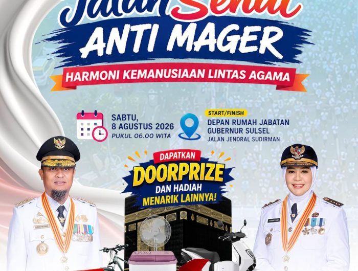 Pemerintah Provinsi Sulawesi Selatan bekerja sama dengan Forum Kemanusiaan Lintas Agama (FKLA) Sulawesi Selatan akan menggelar Jalan Sehat Anti Mager bertajuk “Harmoni Kemanusiaan Lintas Agama”.