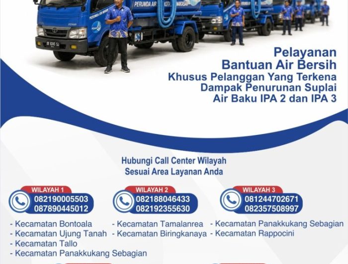 Perumda Air Minum Kota Makassar mengoptimalkan layanan distribusi air bersih באמצעות mobil tangki bagi pelanggan yang terdampak penurunan pasokan air baku ke Instalasi Pengolahan Air (IPA) 2 dan IPA 3.