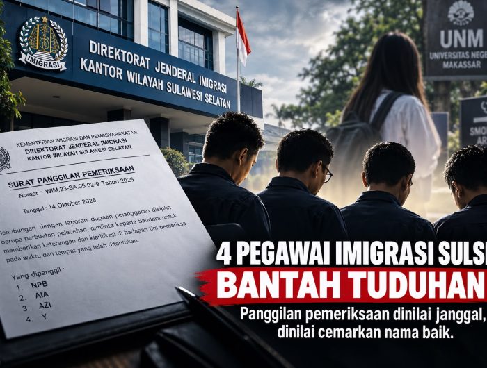 Empat Pegawai Imigrasi Sulsel Bantah Tuduhan, Minta Dasar Pemeriksaan Dibuka Secara Objektif 13 Empat pegawai di lingkungan Direktorat Jenderal Imigrasi Sulawesi Selatan berinisial NPB, AIA, AZI, dan Y mempersoalkan dasar penerbitan surat panggilan pemeriksaan terkait dugaan pelanggaran disiplin mengenai perbuatan pelecehan. Mereka membantah melakukan tindakan yang dituduhkan dan meminta agar keterlibatan masing-masing dijelaskan secara objektif.
