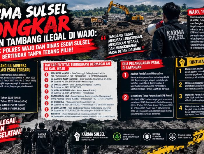 KARMA Sulsel Soroti Dugaan Tambang Bermasalah di Wajo, Desak Polisi dan ESDM Bertindak 13 Koalisi Aktivis Revolusi Mahasiswa (KARMA) Sulawesi Selatan mendesak Polres Wajo dan Dinas Energi dan Sumber Daya Mineral (ESDM) Sulawesi Selatan menelusuri dugaan persoalan legalitas kegiatan pertambangan pasir dan batuan di sejumlah wilayah Kabupaten Wajo.