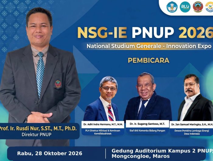 Direktur PNUP Undang Sivitas Akademika Hadiri National Studium Generale & Innovation Expo 2026 13 Direktur Politeknik Negeri Ujung Pandang (PNUP), Prof. Ir. Rusdi Nur, S.ST., M.T., Ph.D., secara resmi mengundang seluruh sivitas akademika termasuk dosen, staf, dan mahasiswa untuk menghadiri dan menyukseskan gelaran akbar National Studium Generale & Innovation Expo (NSG-IE) 2026.